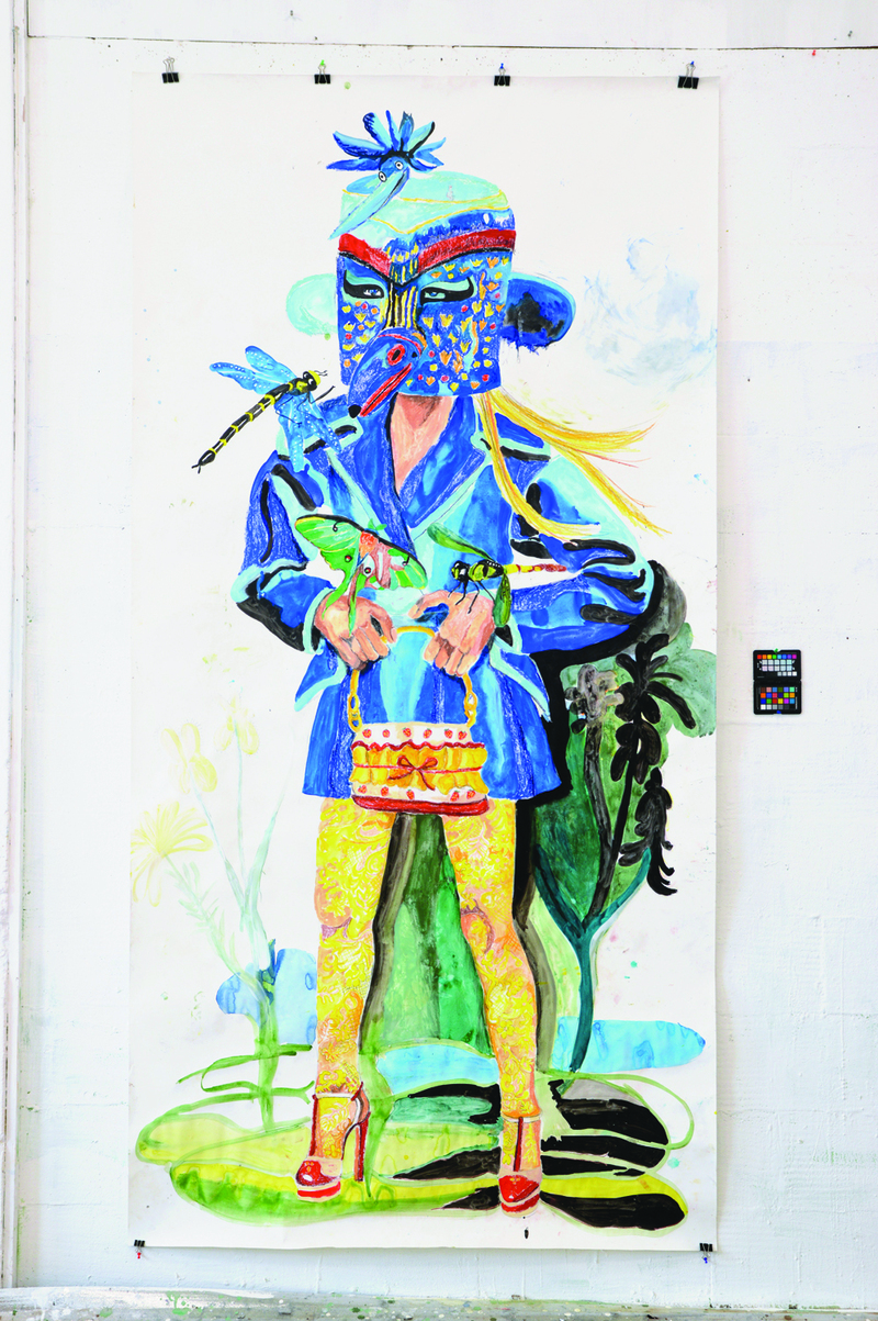 Mimi with dragonflies, pastelkrijt, acrylverf op aquarelpapier, 305 x 1525 cm, 2023