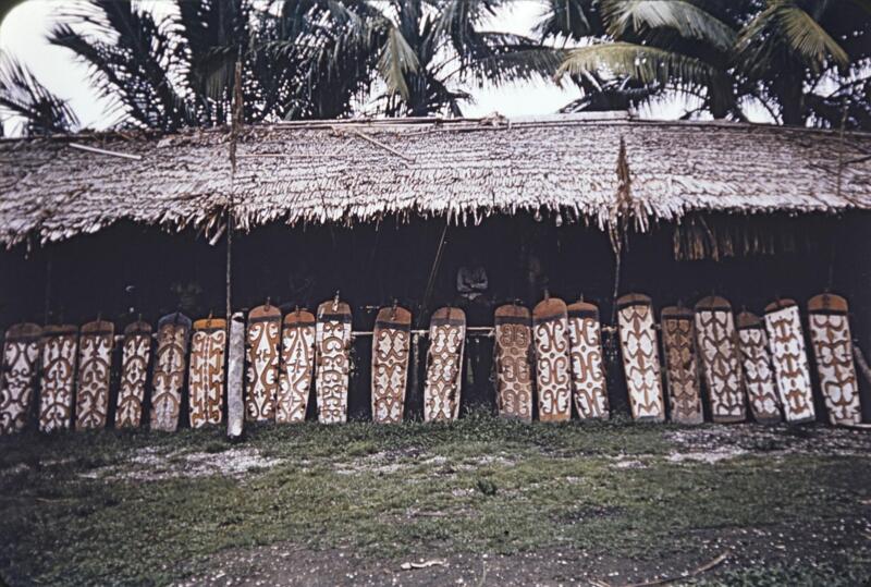 Schilden opgesteld voor langwerpig mannenhuis in 1938 M.C. Rockefeller, 1938 - 1961