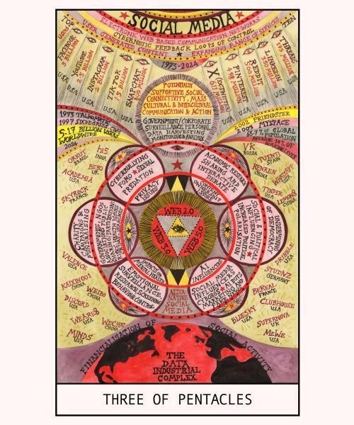 Suzanne Treister, HEXEN 5.0 TarotThree of Pentacles-Social Media, 2023-24. Met dank aan de kunstenaar, Annely Juda Fine Art, Londen en P.P.O.W. Gallery, New York